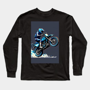 Dirt bike sweet wheelie - pixel art style blue and tan Long Sleeve T-Shirt